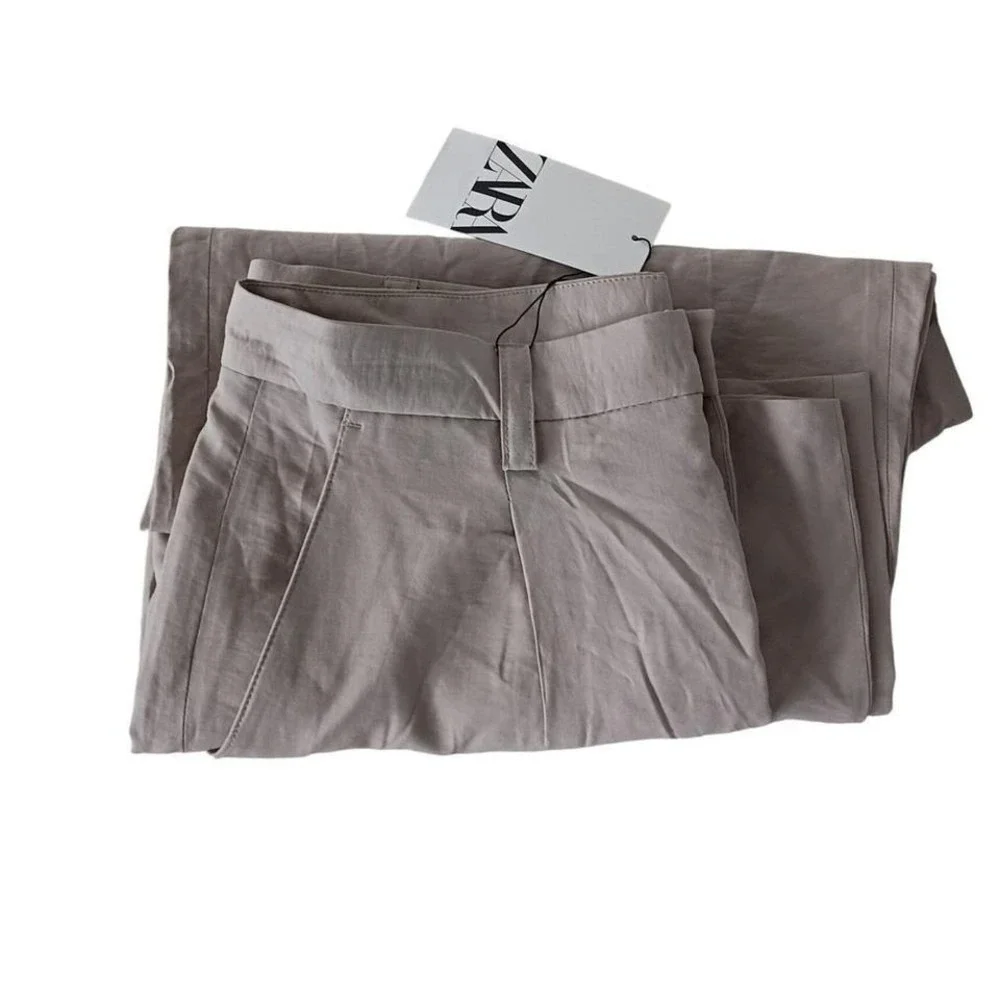 ZARA NWT Beige Linen Blend Wide Leg Trousers High Rise Button Fly 31 Minimalist